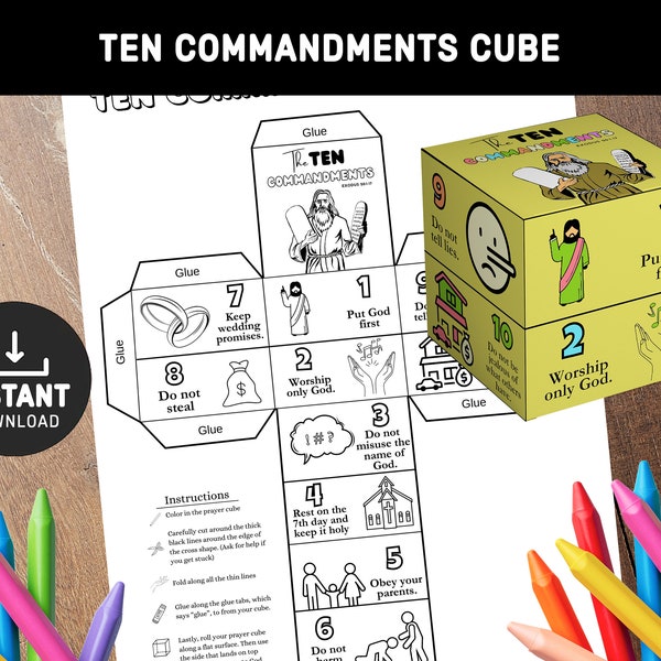 Ten Commandments Cube, Printable Bible Activity, Watercolor, Kids Bible Lesson, Memory Game, Sunday School, Christian Crafts, paper crafts