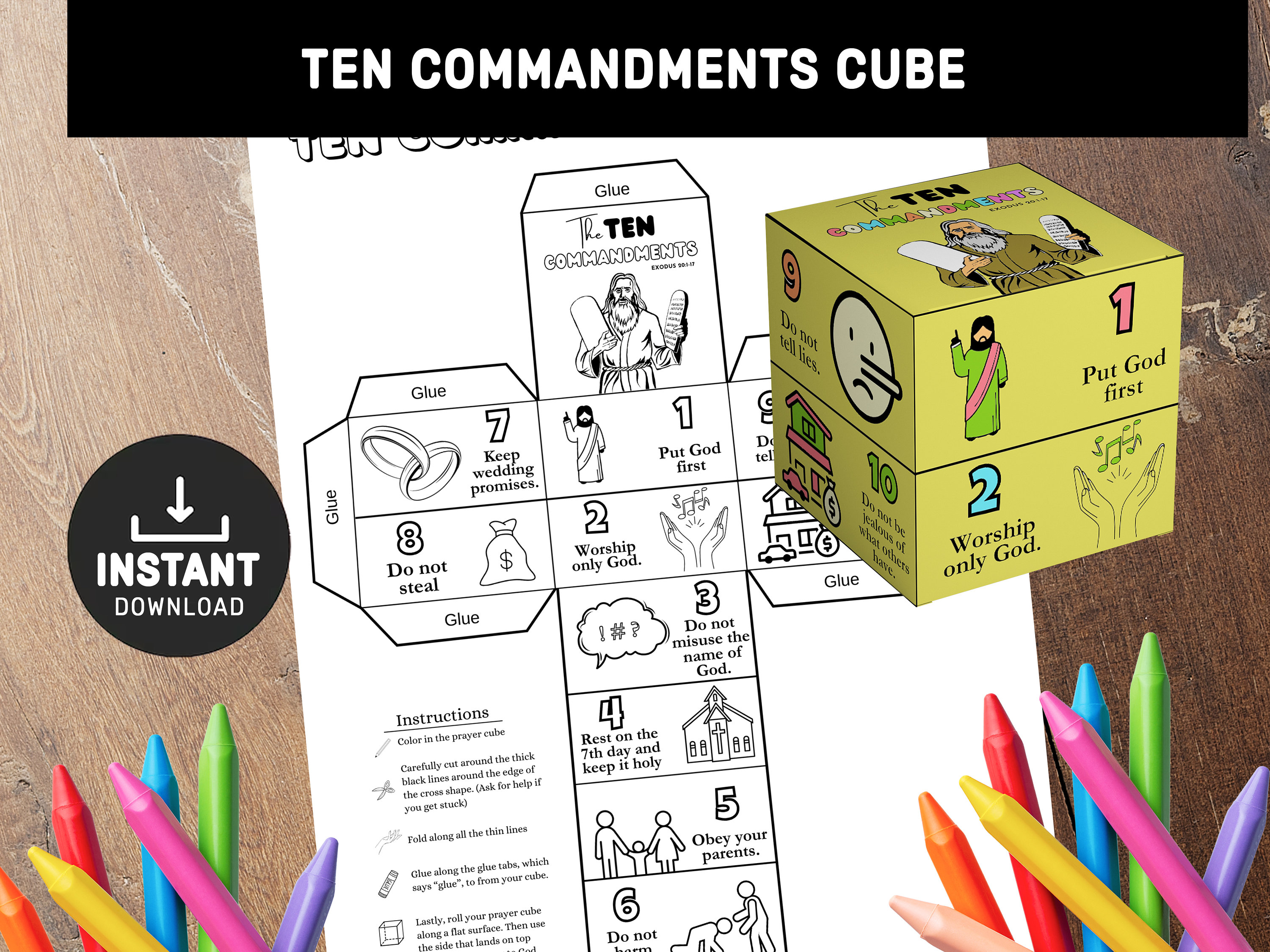 Ten Commandments Cube, Printable Bible Activity, Watercolor, Kids Bible Lesson, Memory Game, Sunday School, Christian Crafts, paper crafts