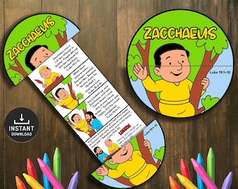 Könnte beinhalten: Eine farbenfrohe Kinderbibelstunde mit der Geschichte von Zachäus. Das Design enthält Illustrationen von Zachäus in einem Baum, mit Text aus Lukas 19:1-10. Das Bild enthält auch die Worte "Sofort-Download" und eine Sammlung von Buntstiften.