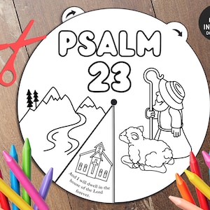 Psalm 23 Coloring Wheel, Printable Bible Activity, Watercolor, Kids Bible Lesson, Memory Game, Sunday School