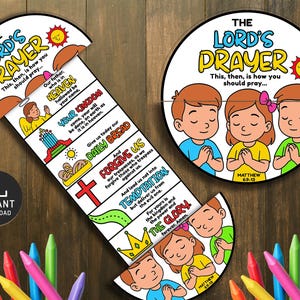 Pode incluir: Um artesanato infantil colorido e ilustrado com "A Oração do Senhor" com ilustrações e texto anexados. O design inclui um topo circular e uma seção segmentada em forma de rolo com os versículos da oração. Inclui o texto "Download instantâneo".
