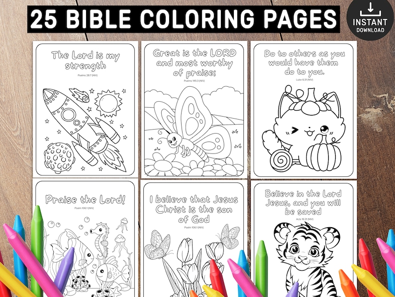 May include: A set of 25 black and white colouring pages featuring bible verses and illustrations. The illustrations include a rocket ship, a butterfly, a cat, a fish, a seahorse, a tiger, and flowers. The pages are designed for children and adults to colour.