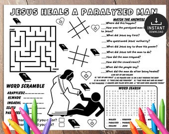 Jesus Heals a Paralyzed Man Activity Placemat, Bible activity, Sunday School, Bible Placemat, Church Kid Activity, Sunday School craft