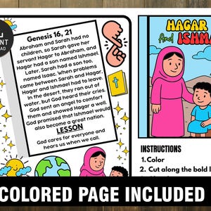 Pode incluir: Uma p&aacute;gina para colorir imprim&iacute;vel com a hist&oacute;ria de Agar e Ismael, com texto de G&ecirc;nesis 16:21. A ilustra&ccedil;&atilde;o mostra Agar e Ismael, com instru&ccedil;&otilde;es para colorir e cortar ao longo das linhas. As palavras "COLORED PAGE INCLUDED" est&atilde;o na parte inferior.