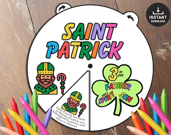 St Patricks Coloring Wheel, Shamrock Bible Activity, Printable Kids Bible Lesson, St Patricks Day Sunday School Craft, Trinity Craft