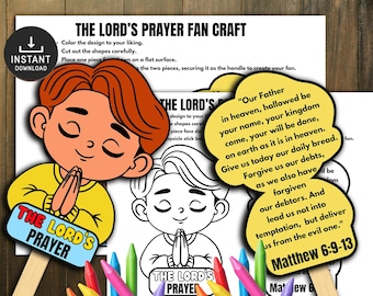 May include: A children's craft kit with a cartoon illustration of a child praying. The kit includes a fan craft with the text "The Lord's Prayer" and a yellow speech bubble with the prayer text from Matthew 6:9-13.