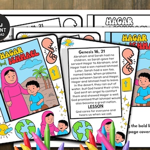 Pode incluir: P&aacute;ginas para colorir com a hist&oacute;ria de Agar e Ismael, com ilustra&ccedil;&otilde;es de uma mulher e um menino, palmeiras e um globo. O texto inclui o t&iacute;tulo "Agar e Ismael" e vers&iacute;culos b&iacute;blicos. As p&aacute;ginas s&atilde;o para crian&ccedil;as.