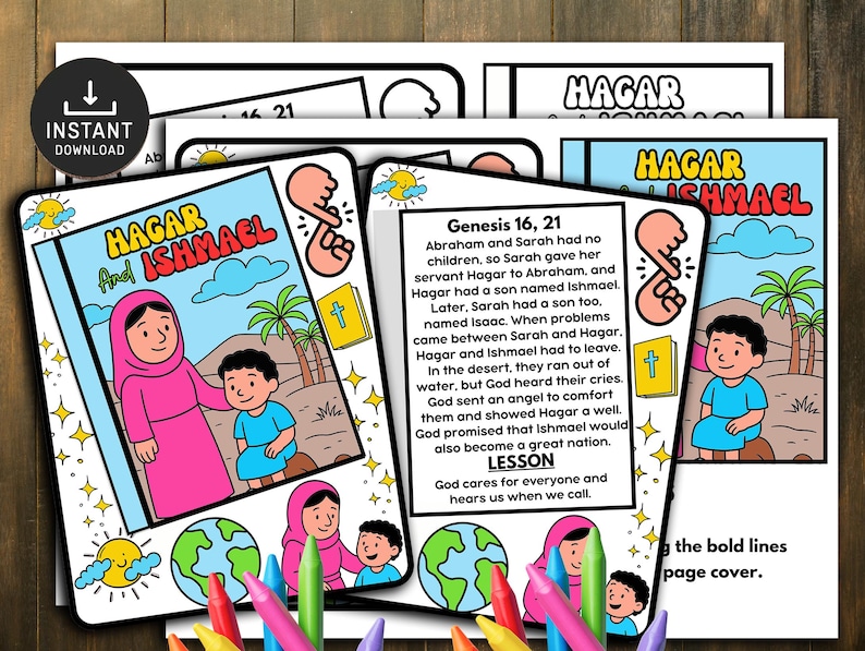 Pode incluir: P&aacute;ginas para colorir com a hist&oacute;ria de Agar e Ismael, com ilustra&ccedil;&otilde;es de uma mulher e um menino, palmeiras e um globo. O texto inclui o t&iacute;tulo "Agar e Ismael" e vers&iacute;culos b&iacute;blicos. As p&aacute;ginas s&atilde;o para crian&ccedil;as.