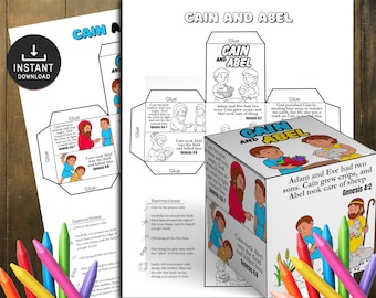 May include: A printable, colour-in-yourself cube featuring the story of Cain and Abel. The cube has illustrations and text from Genesis 4:2, 6-8. The image includes instructions, the words "Cain and Abel", and a download icon.