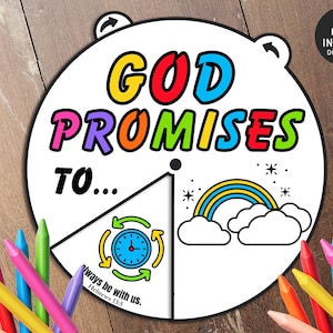 Roue des promesses des dieux, activité biblique, leçon biblique pour enfants, école du dimanche, roue à colorier, travaux manuels de l&#39;école du dimanche, promesse arc-en-ciel