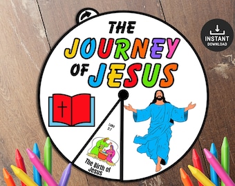 May include: A colorful printable wheel with the words "The Journey of Jesus" in a rainbow font. The wheel is divided into four sections, each with a different image and text. The top section shows a closed book with a cross on the cover. The next section shows a scene from the Bible with the text "Luke 2:7". The third section shows a scene of the birth of Jesus with the text "The Birth of Jesus". The last section shows a cartoon image of Jesus with his arms outstretched.