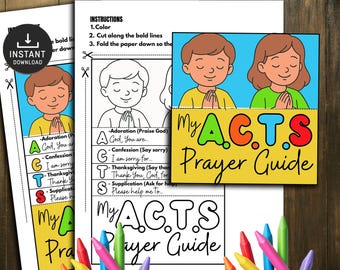 May include: A printable "My ACTS Prayer Guide" with instructions and illustrations. The guide features a colourful design with the text "My ACTS Prayer Guide" and illustrations of children praying. Includes a black download icon.