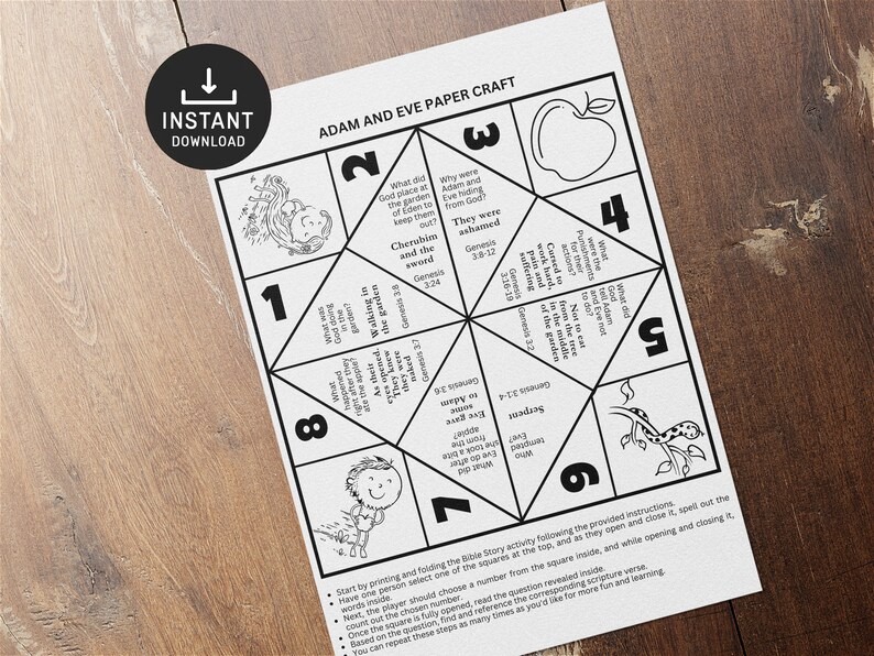 Adam and Eve Fortune Teller, Bible Story Activity, Sunday School Craft, Printable Paper Craft