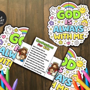 May include: Colorful puzzle pieces with the text "GOD IS ALWAYS WITH ME" and illustrations of a rainbow, angel, and Jesus with a child. A small card reads "Confessions for Kids". Colored pencils are at the bottom.