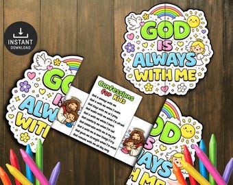 May include: Colorful puzzle pieces with the text "GOD IS ALWAYS WITH ME" and illustrations of a rainbow, angel, and Jesus with a child. A small card reads "Confessions for Kids". Colored pencils are at the bottom.