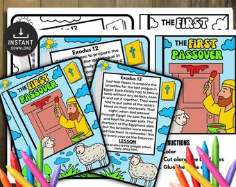 Può includere: Un set di schede didattiche stampabili con il titolo "La Prima Pasqua". Le schede presentano illustrazioni colorate di scene bibliche, testo da Esodo 12 e istruzioni per colorare e assemblare. Include un'icona di download.