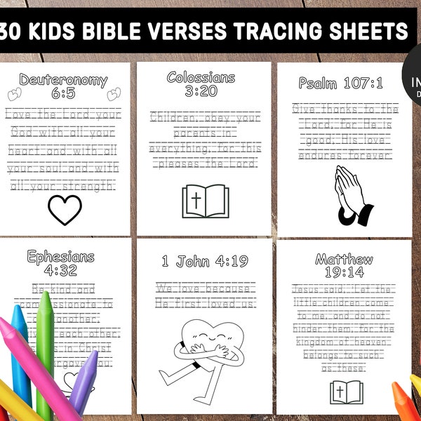 30 Bible Verses Tracing Sheets | Digital Download Tracing Practice | Teach Bible Verses | Bible School | Kids Bible Practice | Sunday School
