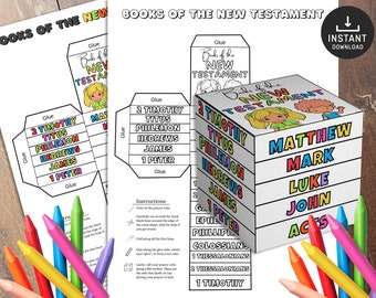 May include: A printable coloring page for a New Testament book cube. The cube is made up of 12 sections, each with a different book of the New Testament. The cube is surrounded by crayons.