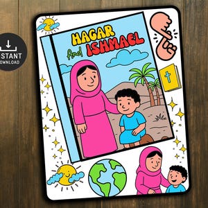Pode incluir: Ilustra&ccedil;&atilde;o colorida da capa de um livro infantil intitulado "Agar e Ismael". A capa apresenta uma mulher com um hijab rosa e um menino. Ilustra&ccedil;&otilde;es adicionais incluem um sol, estrelas, um globo e uma cruz.