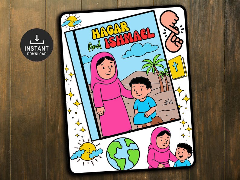Pode incluir: Ilustra&ccedil;&atilde;o colorida da capa de um livro infantil intitulado "Agar e Ismael". A capa apresenta uma mulher com um hijab rosa e um menino. Ilustra&ccedil;&otilde;es adicionais incluem um sol, estrelas, um globo e uma cruz.