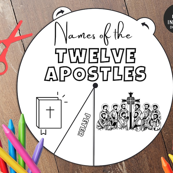 Names of the twelve apostles Coloring Wheel, Printable Bible Verse Activity, Watercolor, Kids Bible Lesson, Memory Game, Sunday School,