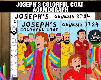 Puede incluir: Una colorida ilustración de la túnica de José, con el texto "JOSEPH'S COLORFUL COAT AGAMOGRAPH" en la parte superior. La imagen presenta a José sonriendo con una túnica vibrante, rodeado de otras figuras. También está presente el texto "GENESIS 37:24".