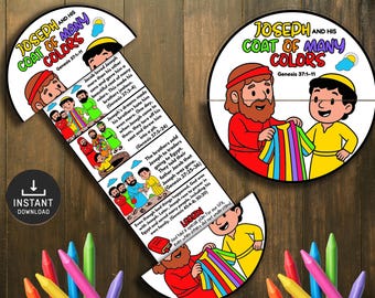 May include: A colorful children's educational puzzle featuring the story of Joseph and his coat of many colors. The illustrations depict scenes from the biblical narrative, with text excerpts. The puzzle is designed with a circular and elongated shape, and includes the words "Instant Download".