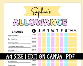 Tracker di indennità modificabile per bambini / Grafico di guadagno / Grafico delle faccende domestiche giornaliere e settimanali / Grafico delle ricompense in denaro / Grafico dell'indennità / Link Canva