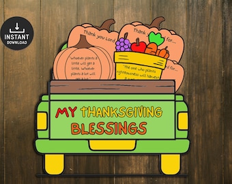 Op de afbeelding: Een Thanksgiving-thema grafiek met een groene vrachtwagenbak gevuld met pompoenen, fruit en groenten. De tekst "My Thanksgiving Blessings" staat op de vrachtwagen. De pompoenen hebben de tekst "Thank you Lord" en bijbelverzen.