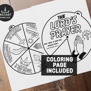 Pode incluir: Uma p&aacute;gina para colorir imprim&iacute;vel em preto e branco com uma roda com a ora&ccedil;&atilde;o do Senhor escrita ao redor. A roda inclui frases como "Perdoa-nos", "O nosso p&atilde;o de cada dia", "Tenta&ccedil;&atilde;o" e "Porque teu &eacute; o reino, o poder e a gl&oacute;ria". O centro da roda tem uma cruz. A p&aacute;gina tamb&eacute;m inclui uma imagem separada de m&atilde;os em ora&ccedil;&atilde;o com uma cruz acima. O texto "A ora&ccedil;&atilde;o do Senhor" est&aacute; escrito em letras grandes na parte superior da p&aacute;gina. O texto "Isto, ent&atilde;o, &eacute; como voc&ecirc; deve orar... Mateus 6:9-13" est&aacute; escrito abaixo das m&atilde;os em ora&ccedil;&atilde;o. O texto "P&aacute;gina para colorir inclu&iacute;da" est&aacute; escrito na parte inferior da p&aacute;gina.