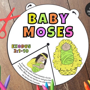 Rueda para colorear de Moisés bebé, Actividad bíblica imprimible, Acuarela, Lección bíblica para niños, Juego de memoria, Escuela dominical