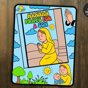 Peut inclure: Illustration color&eacute;e avec le texte &laquo; HANNAH PRIE POUR UN FILS &raquo;. L'image repr&eacute;sente une femme en jaune en pri&egrave;re, avec des illustrations d'un b&eacute;b&eacute; et d'un soleil. Le fond est bleu clair avec des nuages et un arbre.
