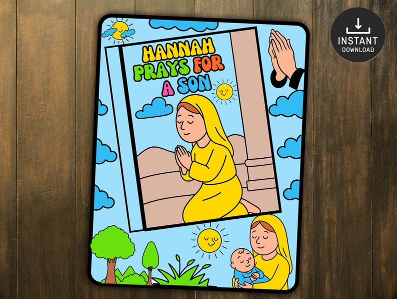 Peut inclure: Illustration color&eacute;e avec le texte &laquo; HANNAH PRIE POUR UN FILS &raquo;. L'image repr&eacute;sente une femme en jaune en pri&egrave;re, avec des illustrations d'un b&eacute;b&eacute; et d'un soleil. Le fond est bleu clair avec des nuages et un arbre.