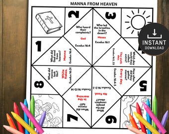 May include: Black and white printable activity sheet titled "Manna From Heaven" with questions and answers about the Bible. Includes a Bible illustration and the words "Instant Download".
