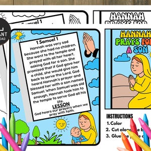 Peut inclure: Une page &agrave; colorier imprimable avec le texte "1 Samuel 1" et "Hannah Prie pour un Fils". La page comprend des illustrations d'une femme priant, d'un b&eacute;b&eacute; et du texte d&eacute;crivant l'histoire. L'image comprend &eacute;galement un ensemble d'instructions et une vari&eacute;t&eacute; de crayons de couleur.