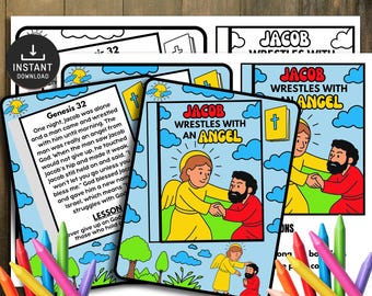 May include: A stack of printable Bible lesson pages featuring the story of Jacob wrestling with an angel. The illustrations are colorful, with text and images of the biblical narrative. The pages include the text "Jacob Wrestles with an Angel" and "Instant Download."