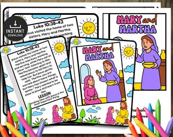 May include: A colorful illustration of a Bible story, featuring the text "MARY and MARTHA" and "Luke 10:38-42". The image includes cartoon depictions of characters, a sun, and clouds, with a variety of colored pencils in the foreground.