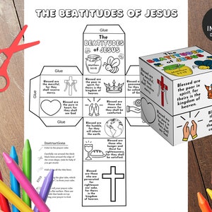 Beatitudes Coloring Cube, Printable Bible Verse Activity, Watercolor, Kids Bible Lesson, Memory Game, Sunday School, Coloring Wheel