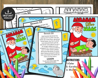 May include: Instant download printable featuring the story of Abraham offering Isaac. The illustrations include Abraham, Isaac, a ram, and text from Genesis 22. Includes instructions for coloring, cutting, and gluing.