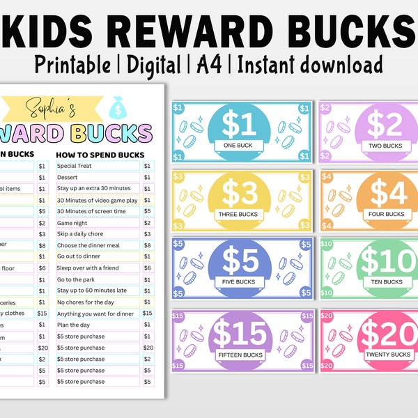 Kids Reward Bucks Printable, Kids Reward Coupons, Chore Bucks, Printable Mom Money, Reward System for Kids, Good Behavior Bucks, Canva link