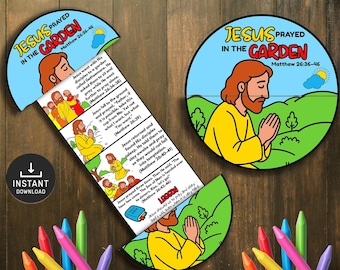 May include: A colorful, illustrated Bible lesson featuring Jesus praying in a garden. The image includes a circular design with text and a cartoon of Jesus, along with a pull-out section with additional illustrations and text. Crayons are in the foreground.