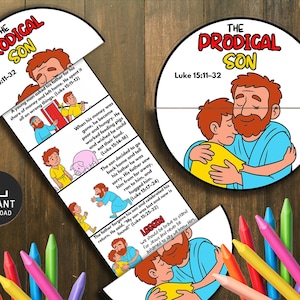 Op de afbeelding: Een educatieve knutselset voor kinderen met het verhaal van de Verloren Zoon uit Lucas 15:11-32. De set bevat geïllustreerde uitsparingen, tekst en kleurpotloden. De tekst bevat de woorden "Direct downloaden".