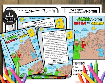 May include: A set of printable coloring pages titled "Joshua and the Battle of Jericho." The pages feature illustrations of biblical scenes with text, a sun, clouds, and figures in green, red, and blue. Crayons are visible at the bottom.