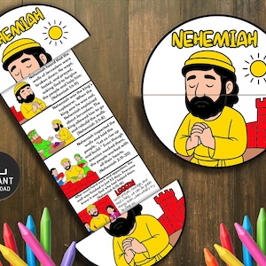 Puede incluir: Un colorido conjunto de historias bíblicas de Nehemías ilustradas. El conjunto incluye una imagen circular y una tira larga y desplegable con ilustraciones y texto secuenciales. El texto describe la historia de Nehemías y su trabajo para reconstruir los muros de Jerusalén.