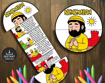 May include: A colorful, illustrated Nehemiah Bible story set. The set includes a circular image and a long, unfolding strip with sequential illustrations and text. The text describes the story of Nehemiah and his work to rebuild the walls of Jerusalem.