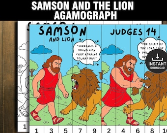 May include: A vibrant cartoon illustration of Samson and the Lion, with the text "Samson and Lion" and "Judges 14". The image shows Samson in a red tunic, fighting a lion. The background is blue with green trees and clouds.