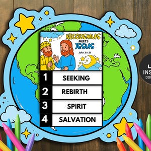 Puede incluir: Ilustración colorida con el texto «Nicodemo se encuentra con Jesús» y el versículo bíblico Juan 3:1-21. La imagen incluye un diseño de mapa del mundo, estrellas y las palabras «Buscando», «Renacimiento», «Espíritu» y «Salvación».