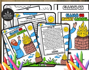 May include: Coloring pages featuring the story of Elijah on Mount Carmel. The illustrations include text, a cartoon of Elijah, a brick altar, and a flame. The pages are designed for children and include crayons.