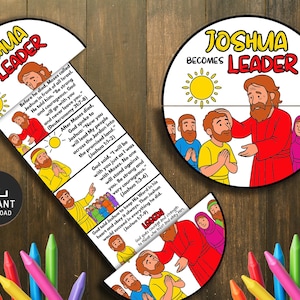 May include: A vibrant illustration with the text "Joshua Becomes Leader." The image shows cartoon figures, a sun, and Bible verses. The design includes a circular element and a long, curved element with text and illustrations, suitable for religious education.