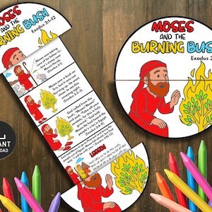 Puede incluir: Un colorido kit de manualidades educativas para niños que presenta la historia de Moisés y la zarza ardiente. El kit incluye un rompecabezas circular y una tira con ilustraciones y texto de Éxodo 3:1-12. También se ve la palabra "Descarga instantánea".